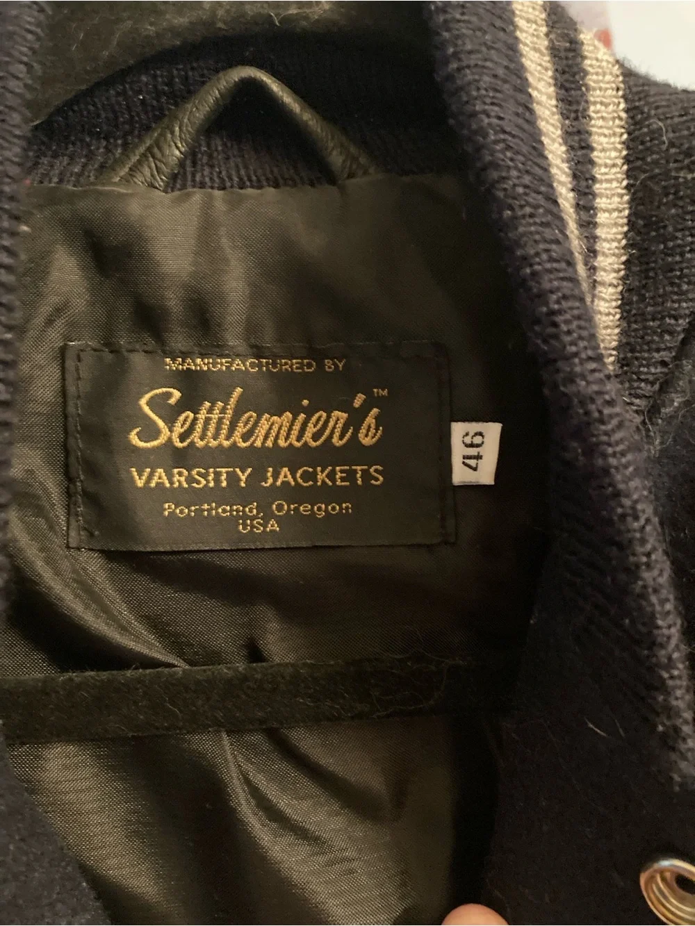 Vintage Navy/Grey varsity wool/leather jacket. Made in Portland by Settlemeier's
